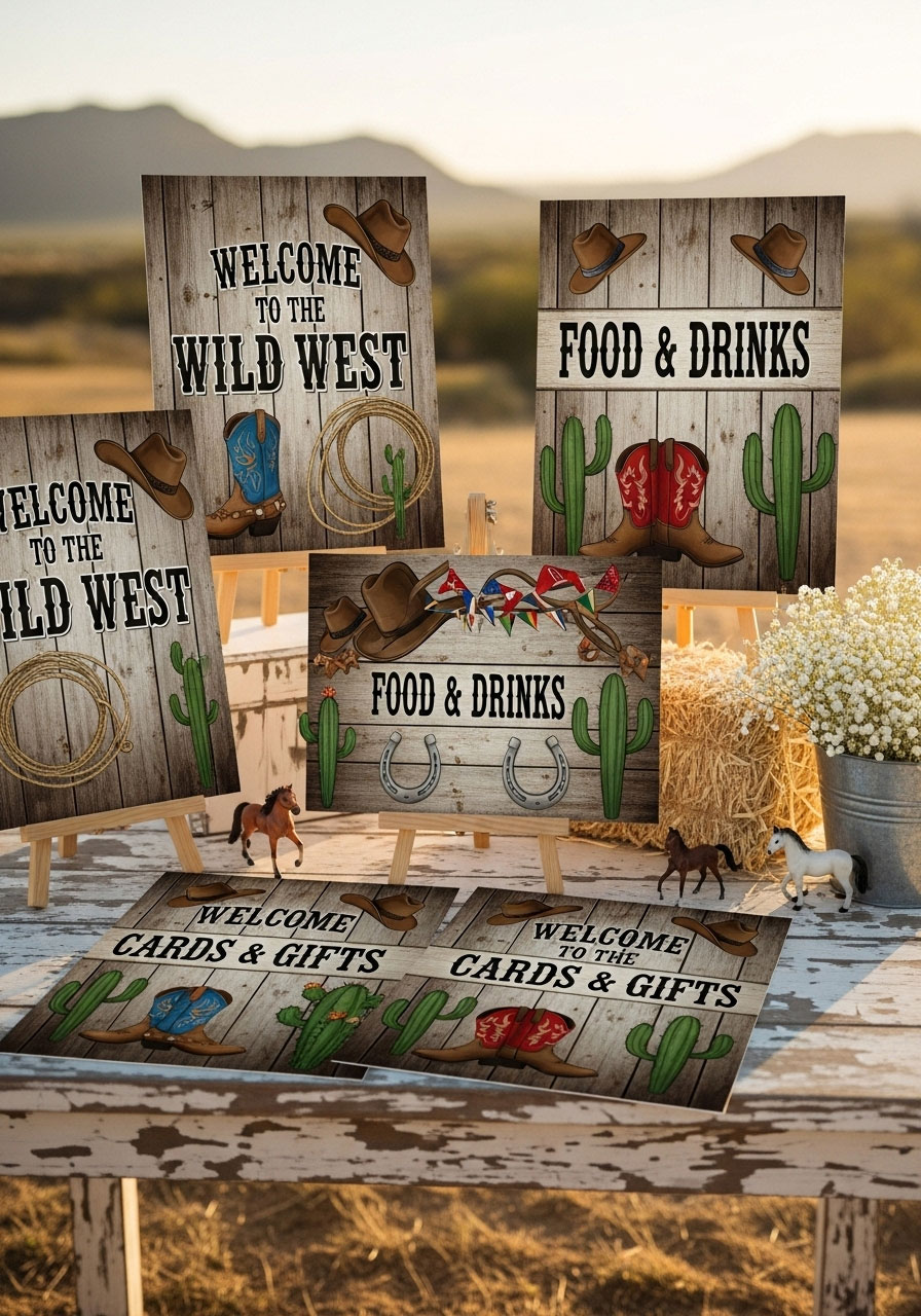 western baby shower signs including welcome, food, and gift table markers with cowboy themes