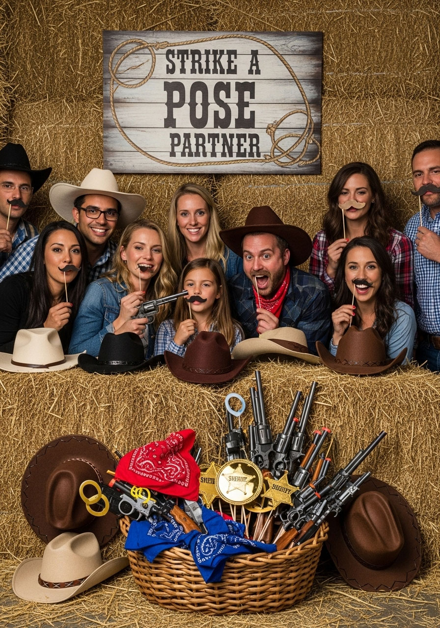 Photo booth corner with hay bales, cowboy hats, bandanas, and western props for baby shower pictures