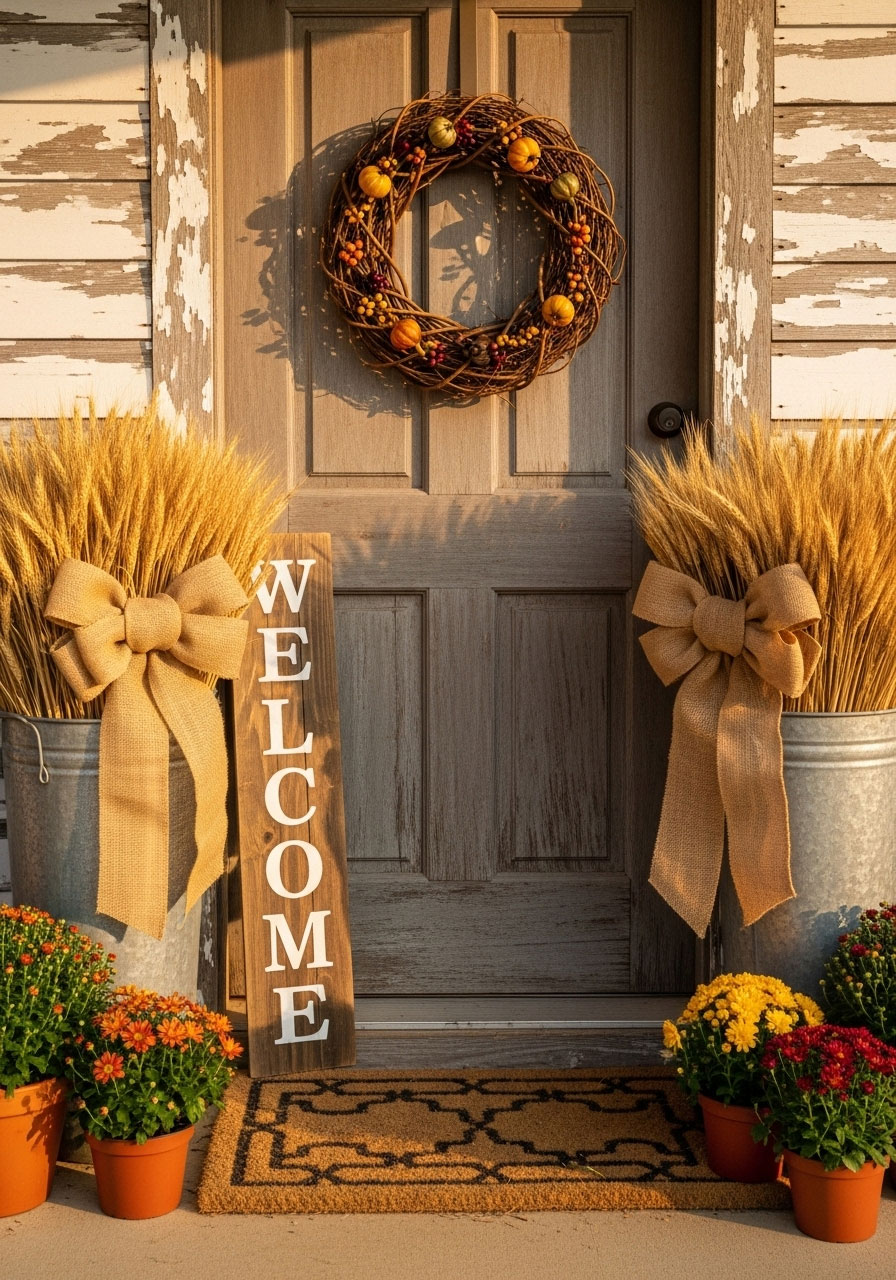 Wheat bundles in rustic containers creating farmhouse fall party entrance decor