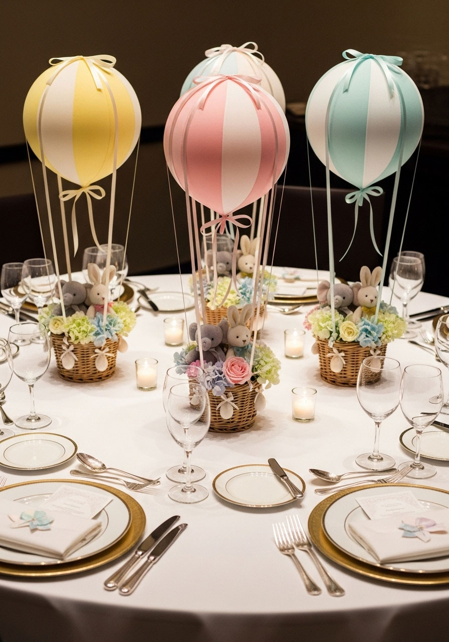 Small wicker baskets filled with baby toys and flowers arranged as hot air balloon gondola centerpieces on dining table