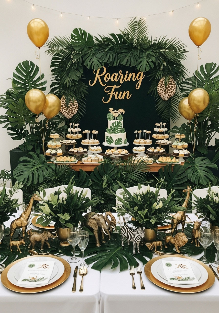 Chic a wild one gender neutral baby shower with jungle leaves, animal prints, and gold accents for adventurous safari style