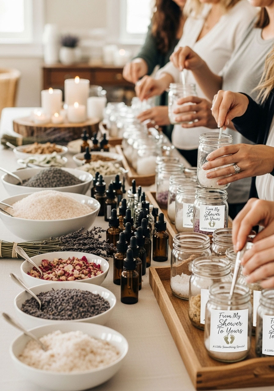 Wildflower bath salt blending station with Epsom salts, dried flowers and essential oils for relaxing baby shower party favor creation
