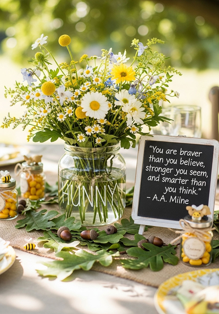 A charming 'Winnie The Pooh' baby shower with a simple 'hunny' pot jar used as a rustic vase for flowers.