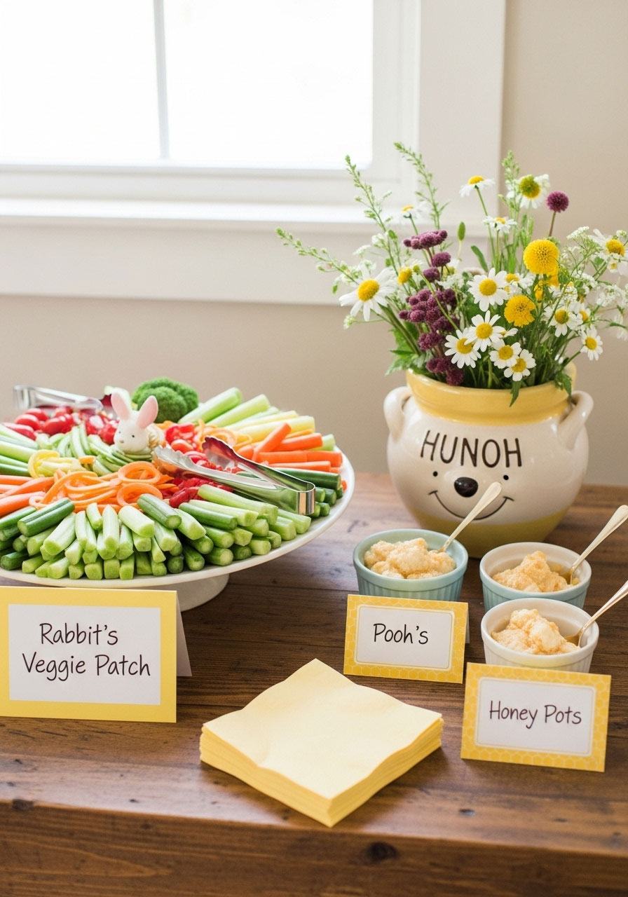 A classic Winnie the Pooh baby shower with 'hunny' pot flower arrangements and a food table featuring 'Rabbit's Veggie Patch'.
