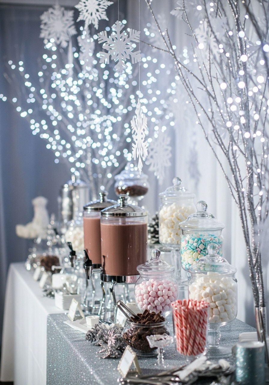 A magical winter wonderland baby shower featuring an elegant hot cocoa bar with toppings, set against a backdrop of paper snowflakes and fairy lights.