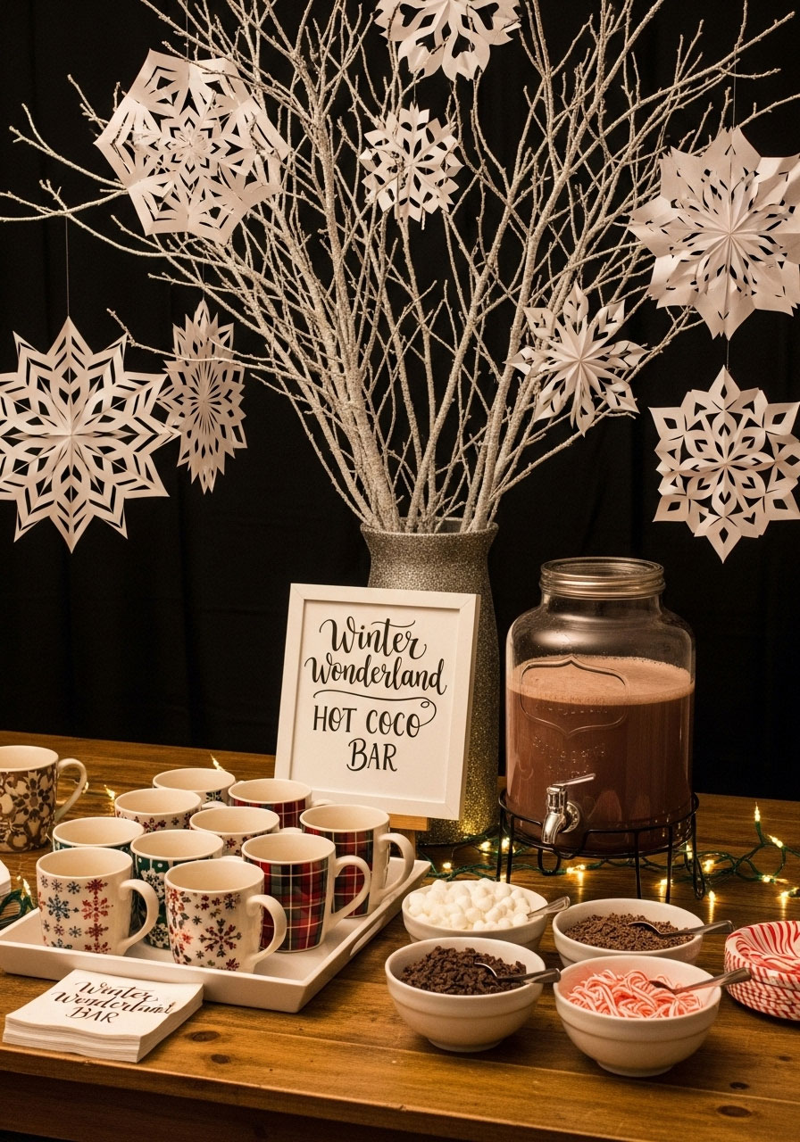 A cozy DIY hot cocoa bar at a 'Winter Wonderland' baby shower, a smart budget-friendly party idea.