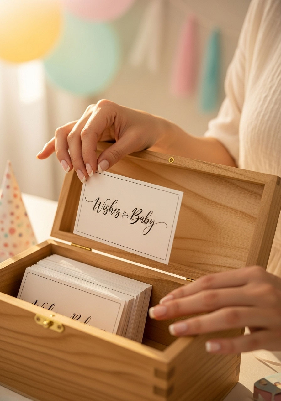 A guest placing a "Wishes for Baby" card into a wooden keepsake box, a heartfelt and sentimental baby shower activity.