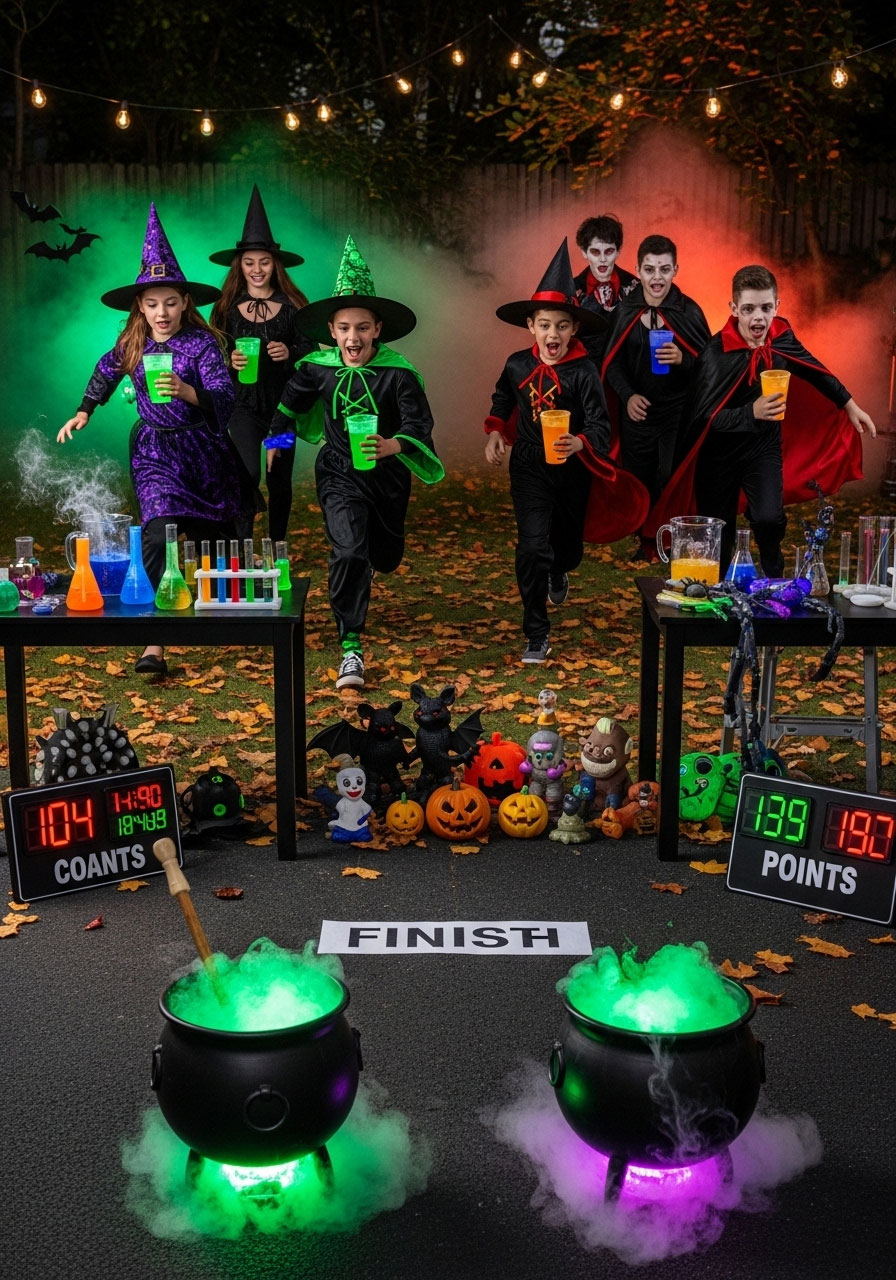 Children playing witch's brew relay race Halloween game carrying ingredients to cauldrons in teams