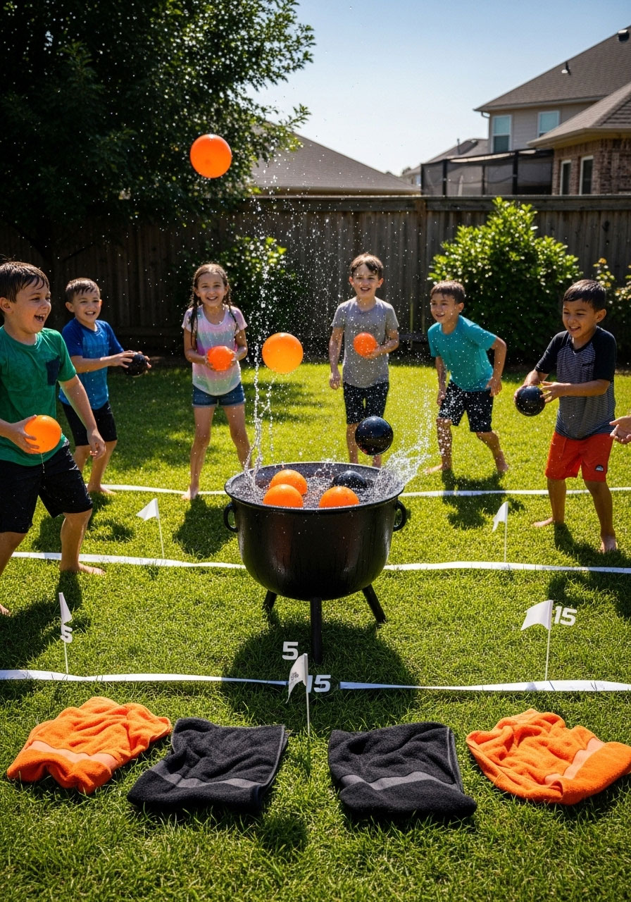 Kids playing witch's cauldron water balloon toss game in backyard with orange balloons and large black cauldron