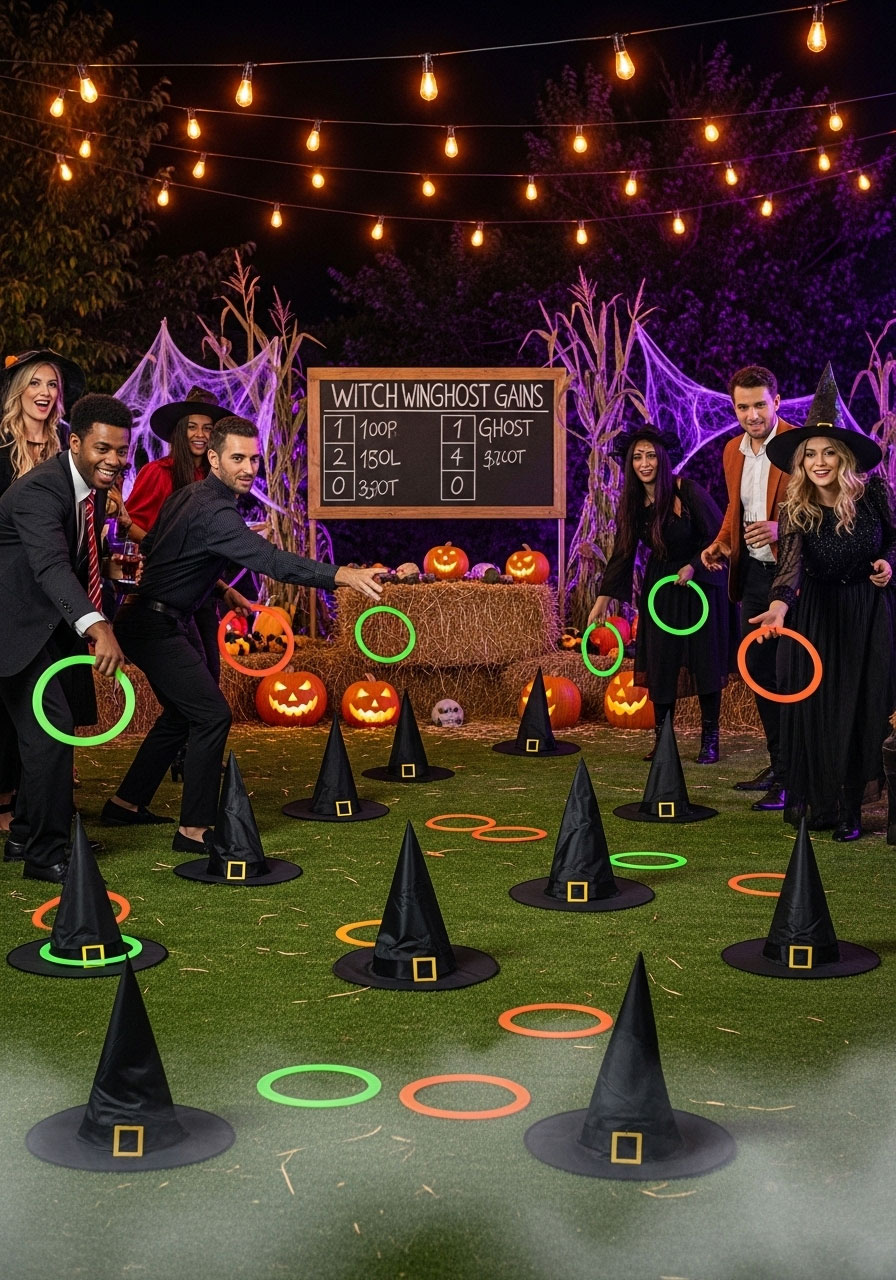 Halloween witch hat ring toss carnival game setup with multiple black witch hats as targets and players throwing rings at party