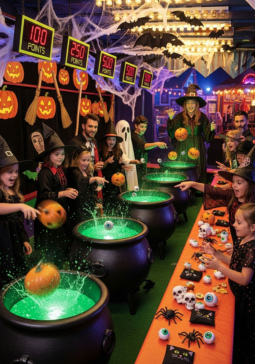 Halloween witches' cauldron ingredient toss carnival game with players throwing magical items into multiple target cauldrons