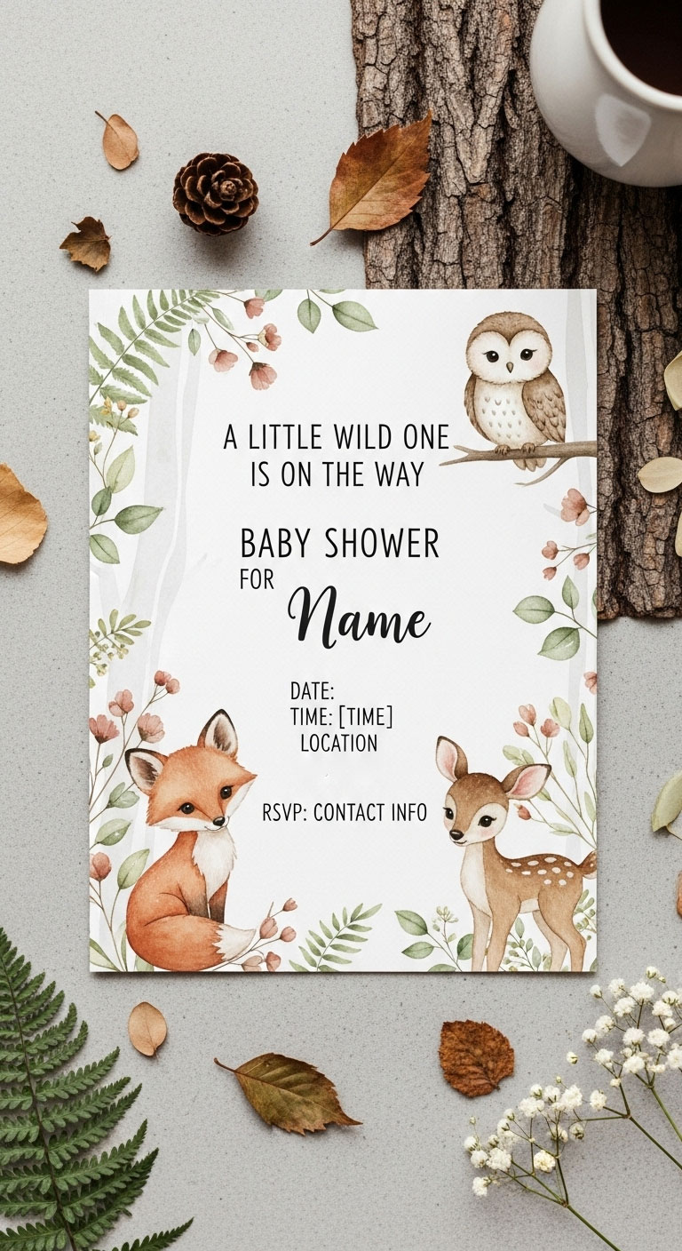 Watercolor woodland baby shower invitations featuring forest animals, botanical illustrations, and earth-tone color palette with organic fonts