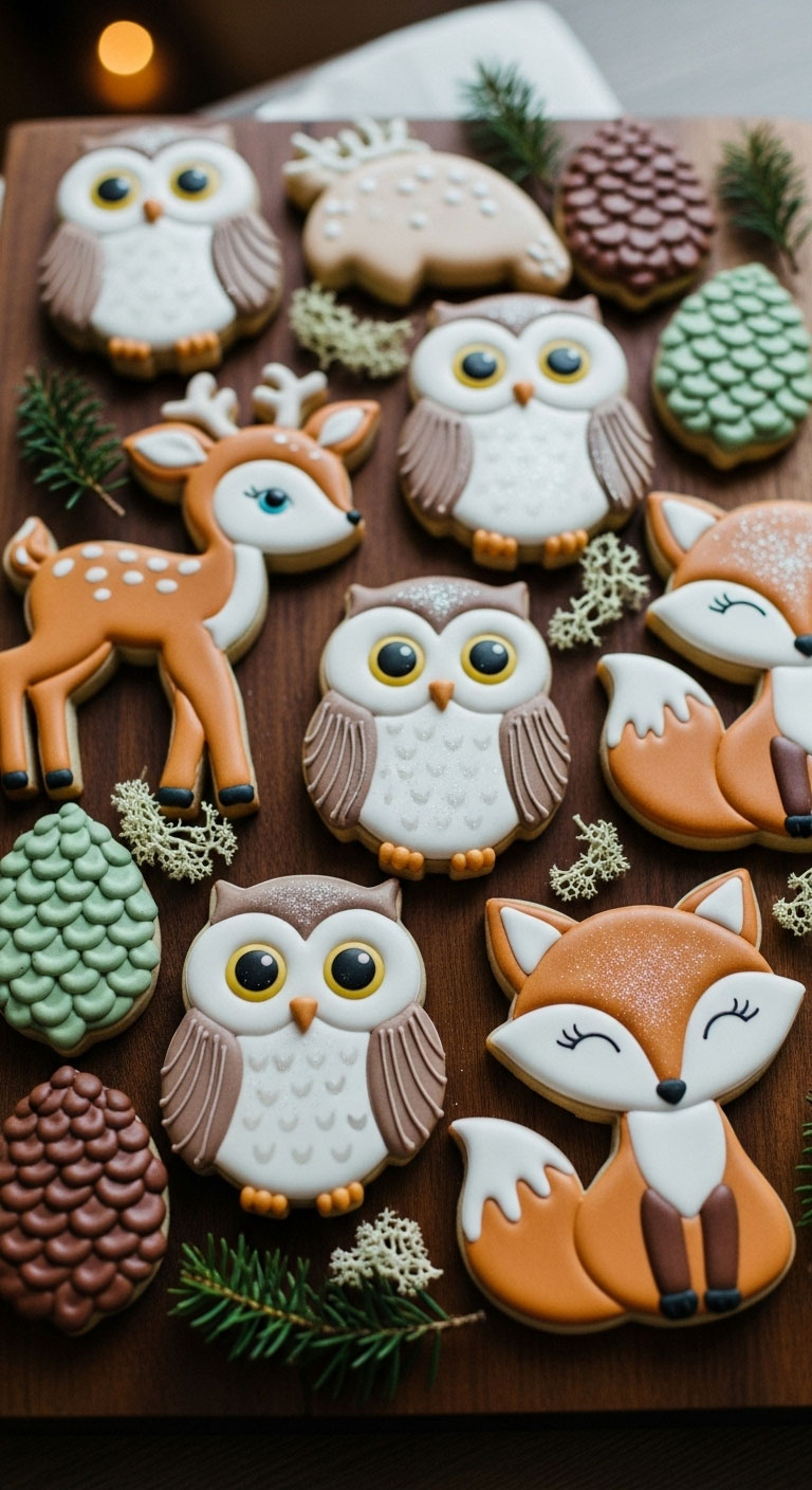 Hand-decorated woodland animal sugar cookies featuring baby deer, owls, foxes, and pinecones in soft natural colors for forest-themed baby shower