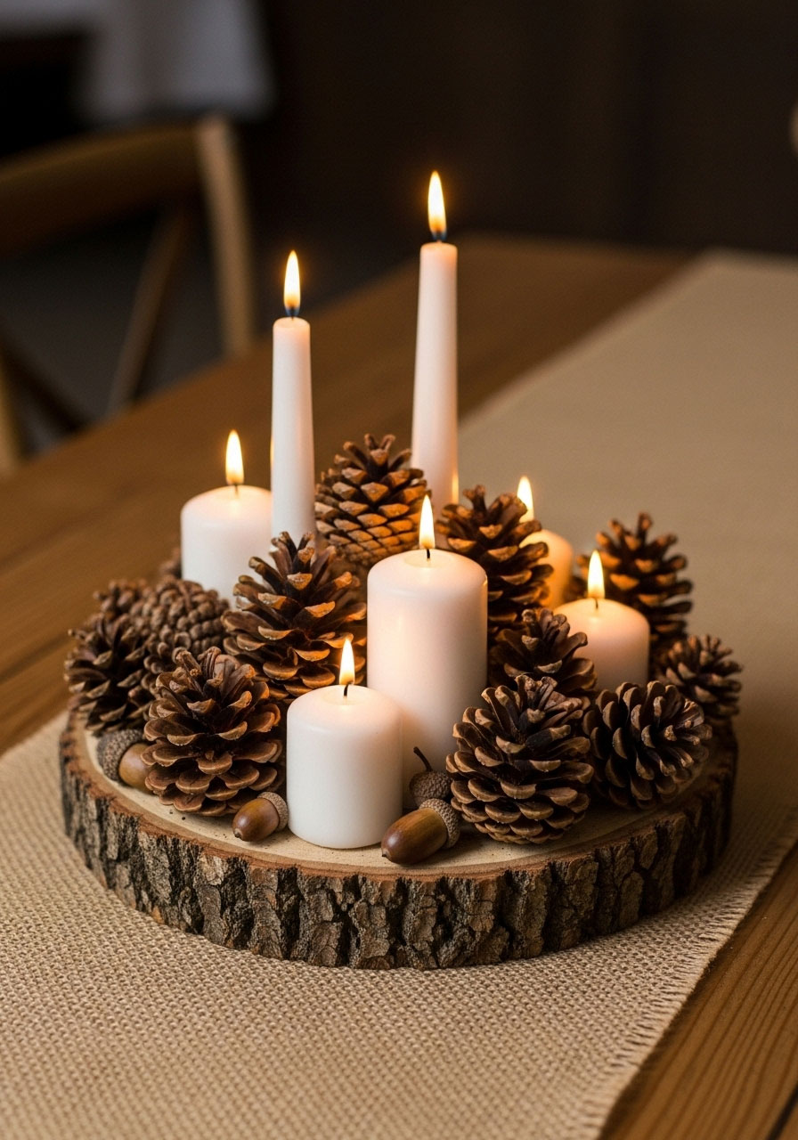 A rustic 'Woodland Wonderland' baby shower centerpiece made from a wood slice and foraged pinecones.