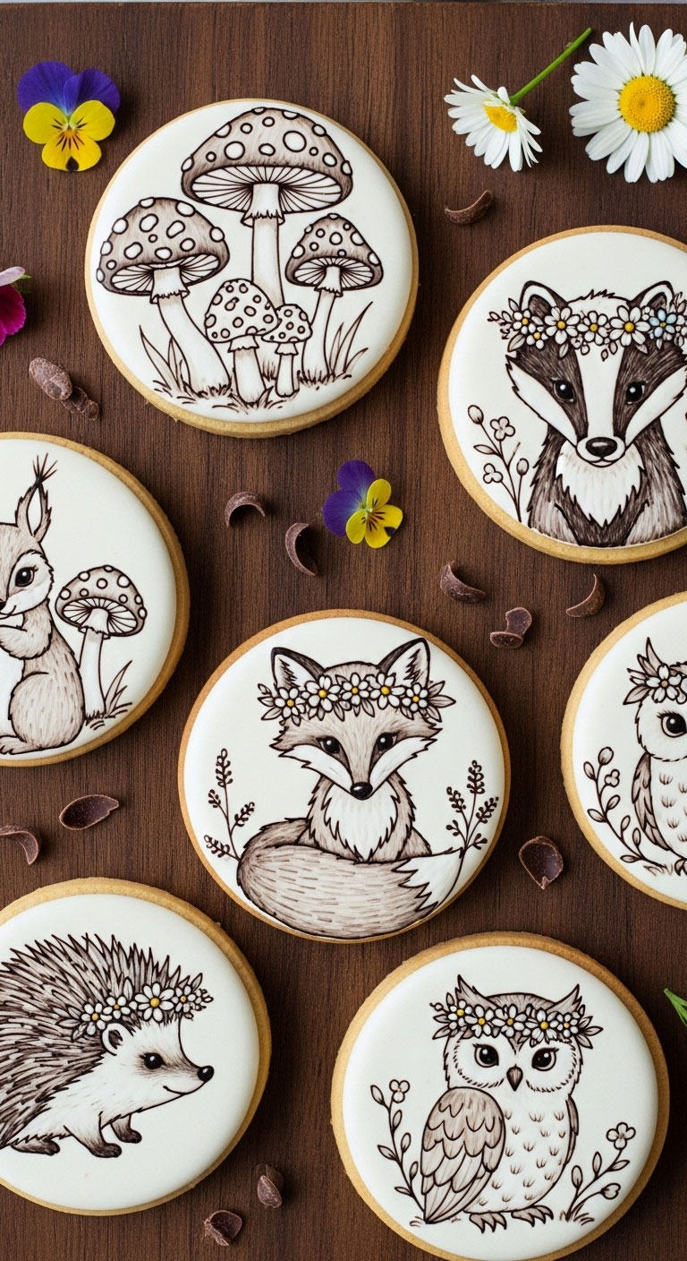 Collection of woodland-themed cookies including spotted mushrooms, forest animals with flower crowns, and tree stump designs in earthy tones