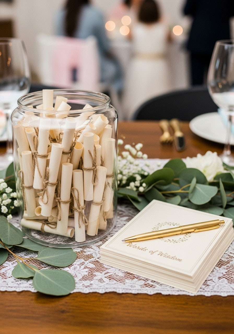 An elegant glass jar labeled "Words of Wisdom" filled with advice cards from guests at a meaningful baby shower activity.