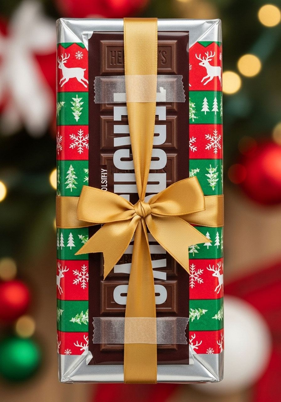 Oversized chocolate bar wrapped in festive Christmas wrapping paper with ribbon and tape for candy bar dice game