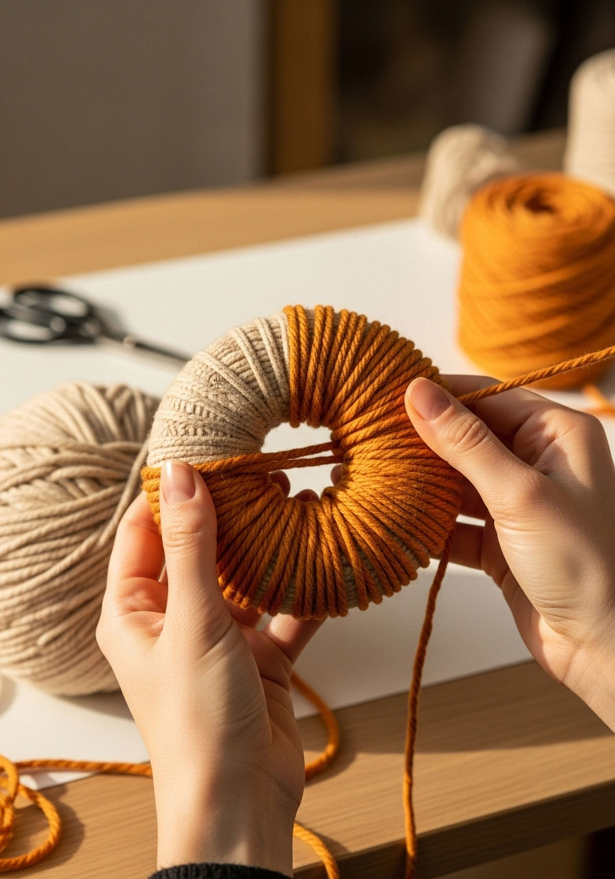 Tutorial image showing how to wrap chunky yarn around hair donut to create no-knit pumpkin