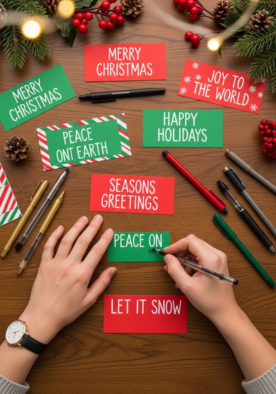 Players writing Christmas words and holiday phrases on colored paper slips for Fish Bowl party game setup