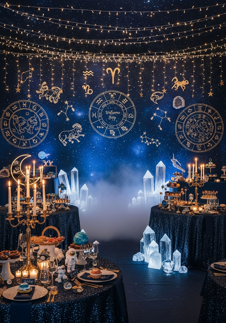 Mystical written in the stars gender neutral zodiac shower with navy fairy lights, constellations, and crystals for cosmic magic