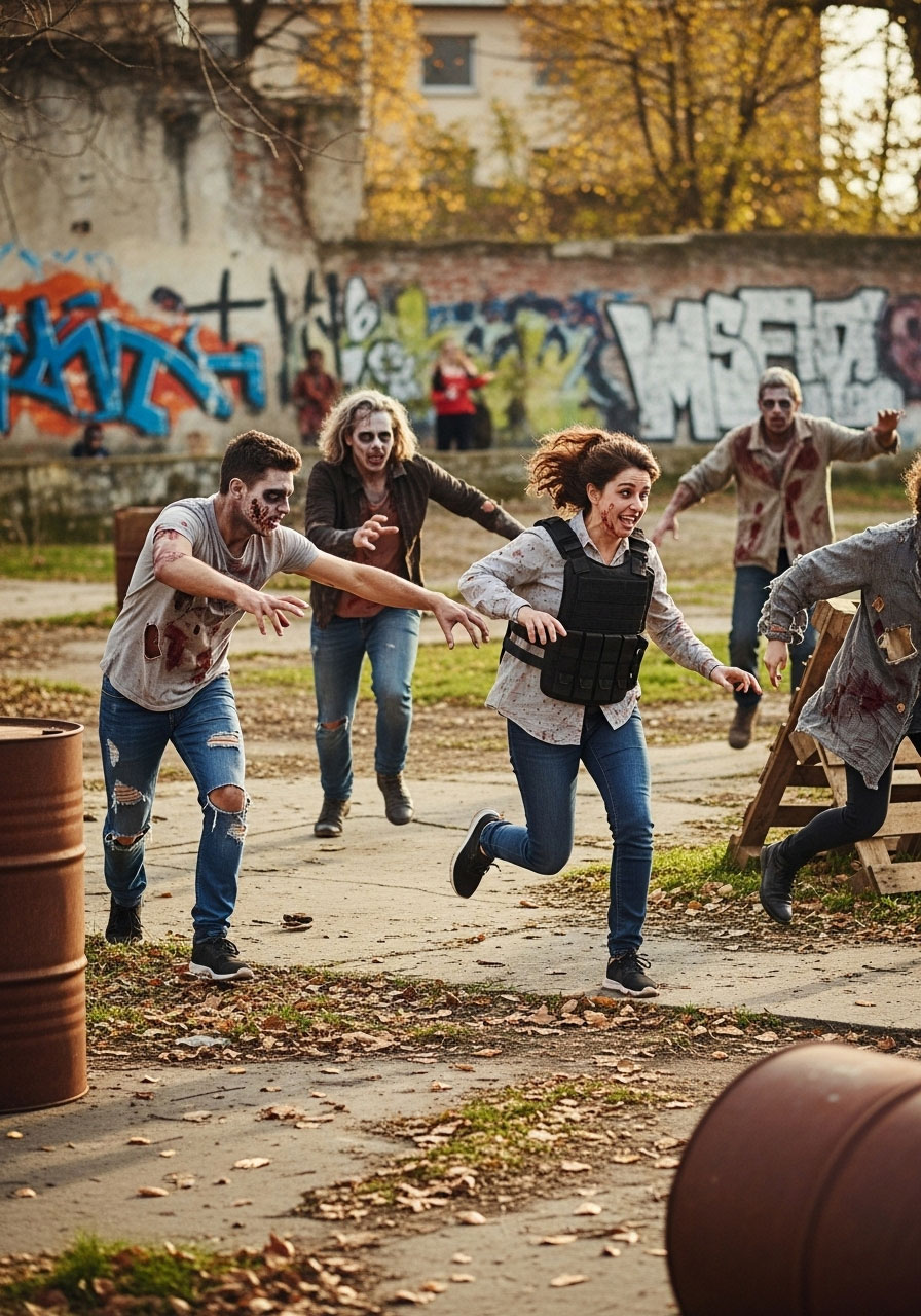 Halloween zombie tag apocalypse carnival game with zombie-costumed players chasing human survivors in active party game