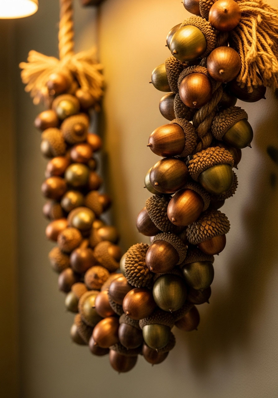 Finished acorn garland on wall showing natural and metallic acorns in organic arrangement