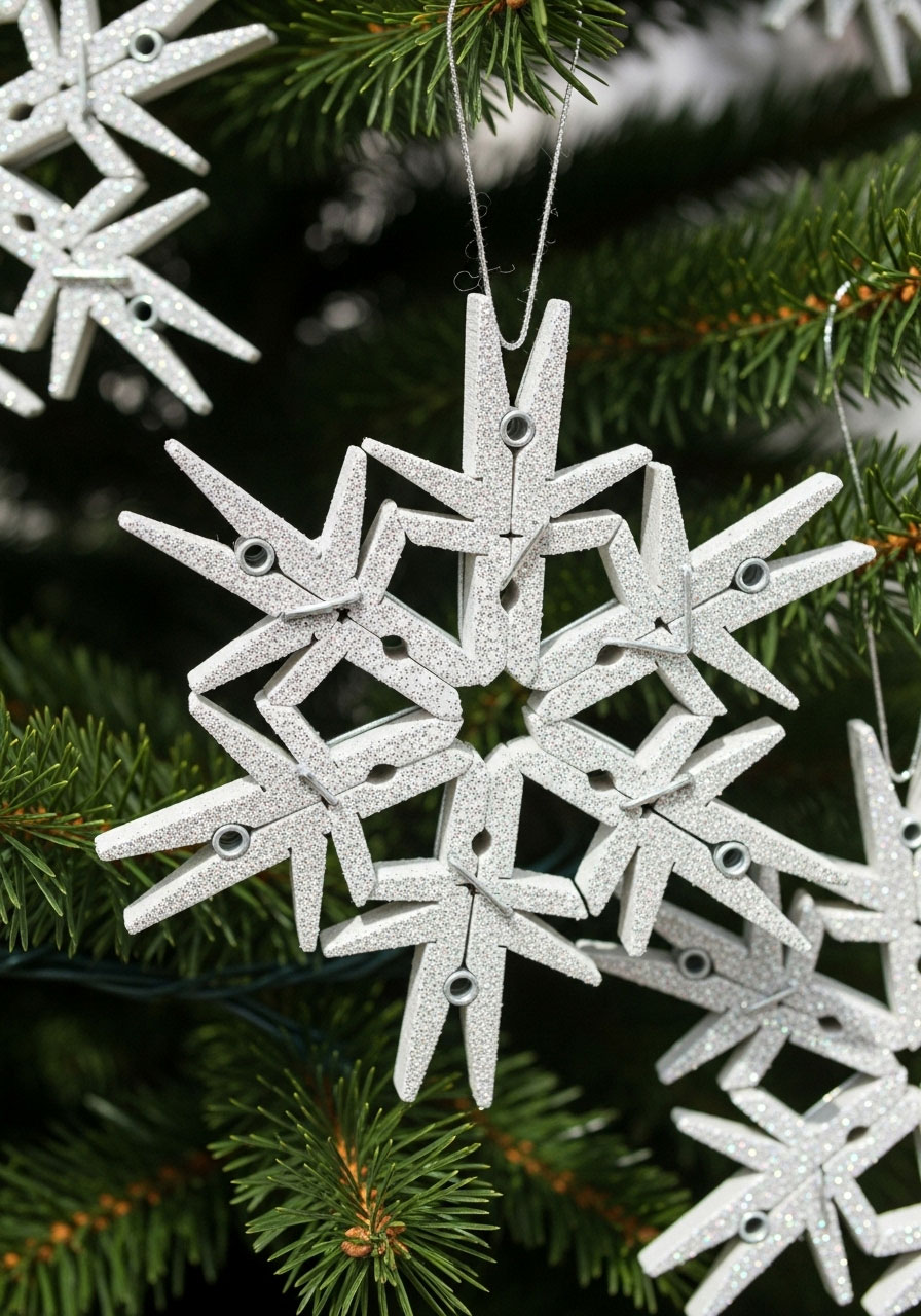 DIY clothespin snowflake ornaments for adult Christmas crafts, elegant white glittery handmade tree decorations