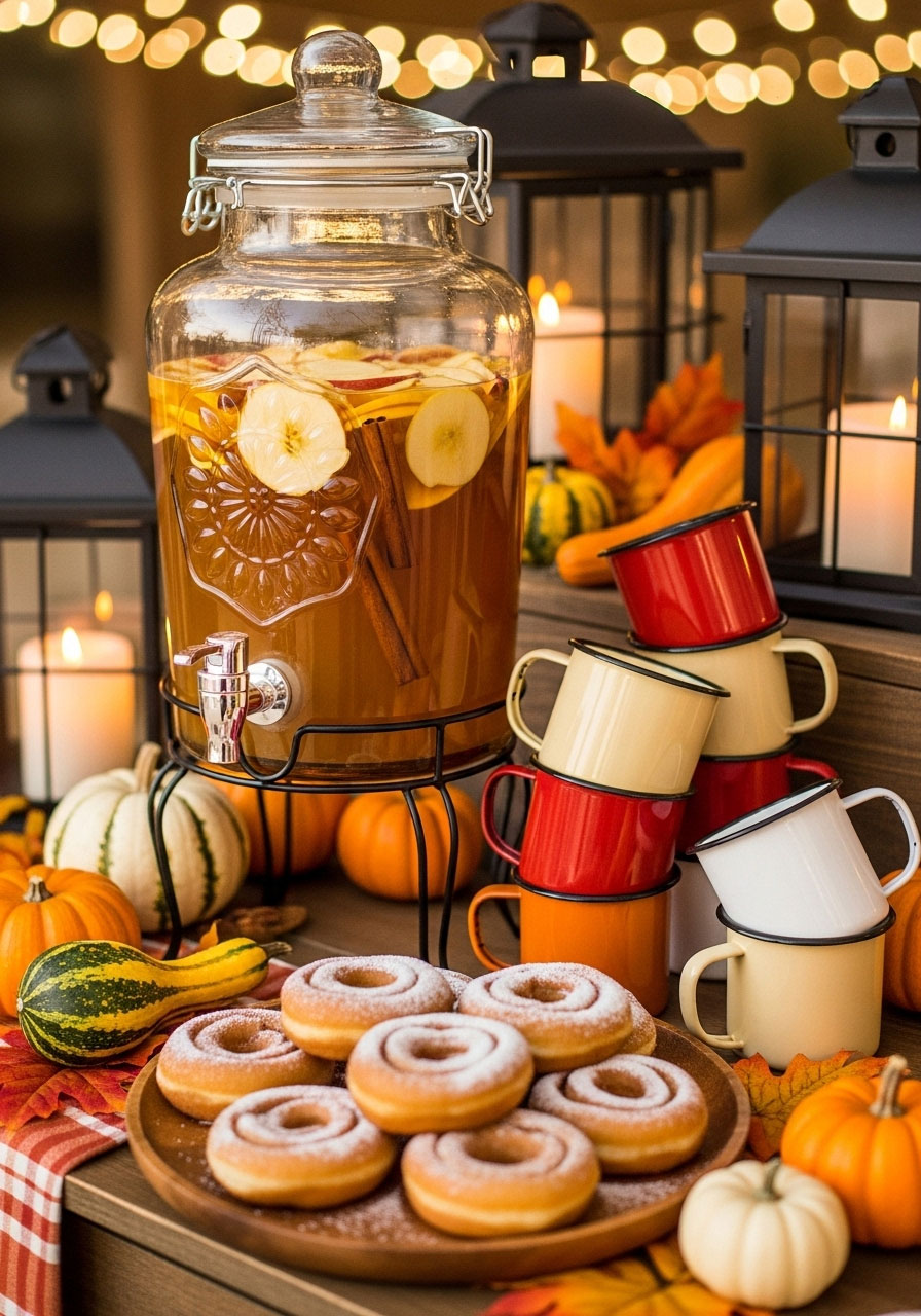 Adult apple cider bar with beverage dispenser, cinnamon sticks, sliced apples, vintage mugs, and cinnamon donuts for parents