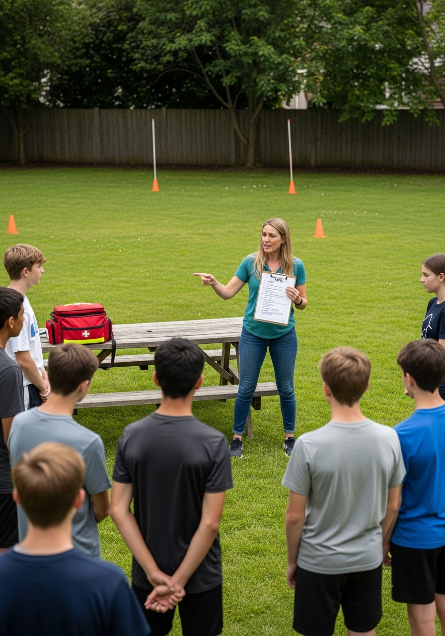 Parent giving safety briefing and explaining scavenger hunt boundaries to group of teenagers