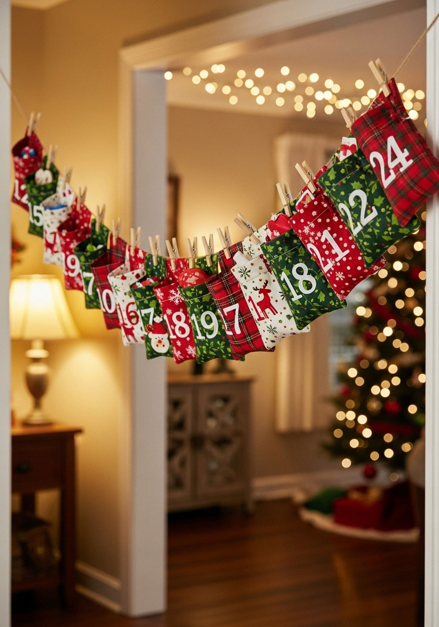 Finished advent calendar garland in hallway showing numbered pouches 1-24 countdown display