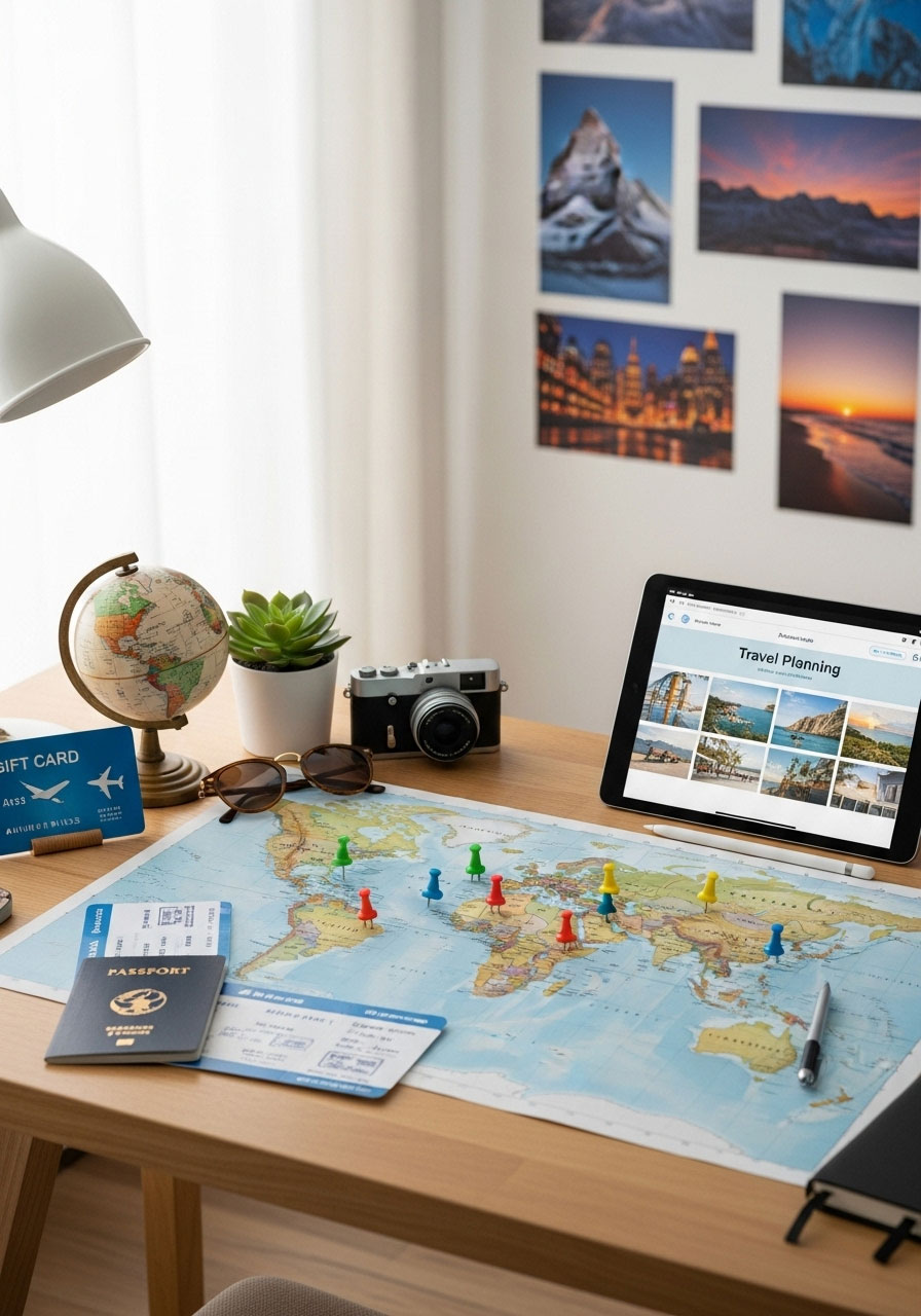 Airline miles and travel planning materials for Christmas wanderlust gift experience