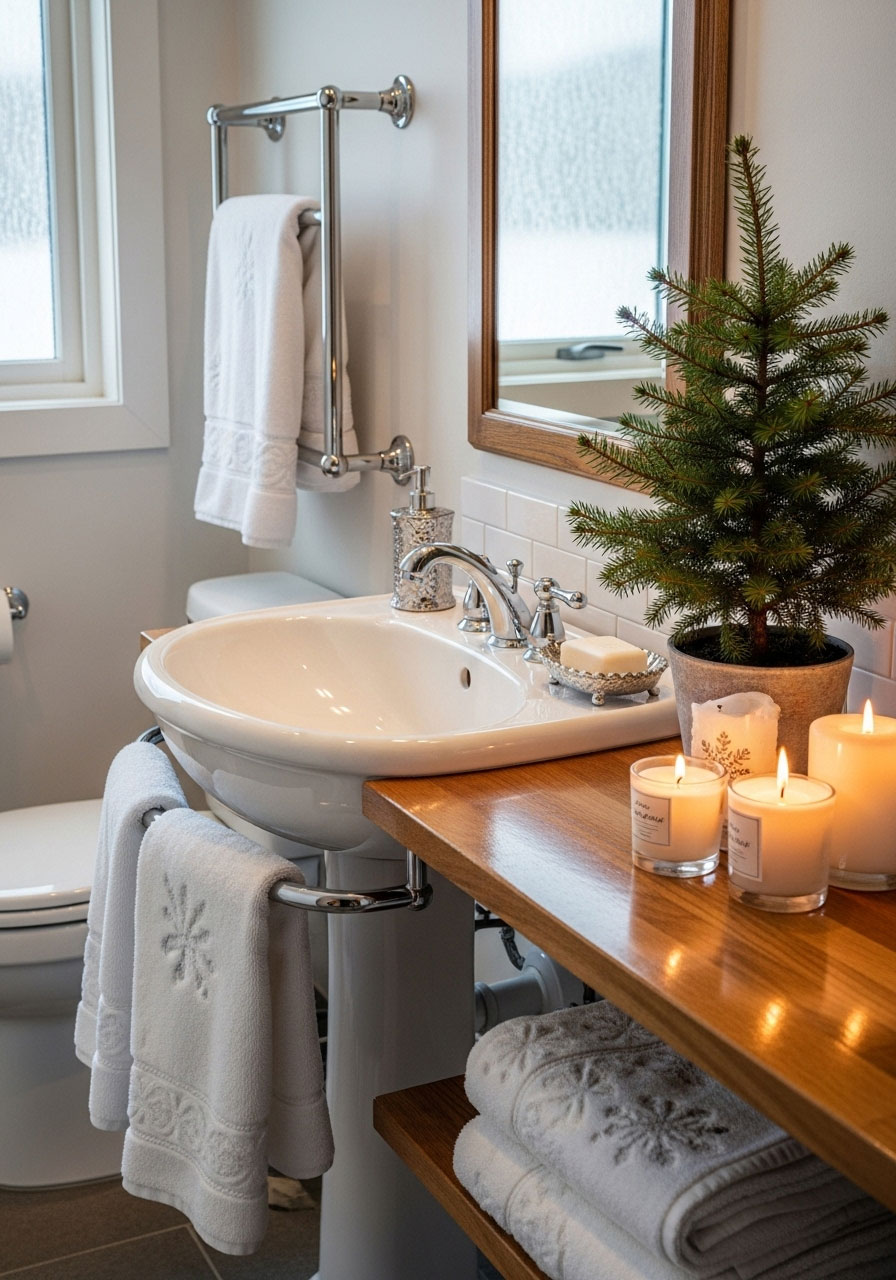 Cabin bathroom decorated in alpine Christmas theme with snowflake towels, silver accents, potted fir, and elegant winter decor