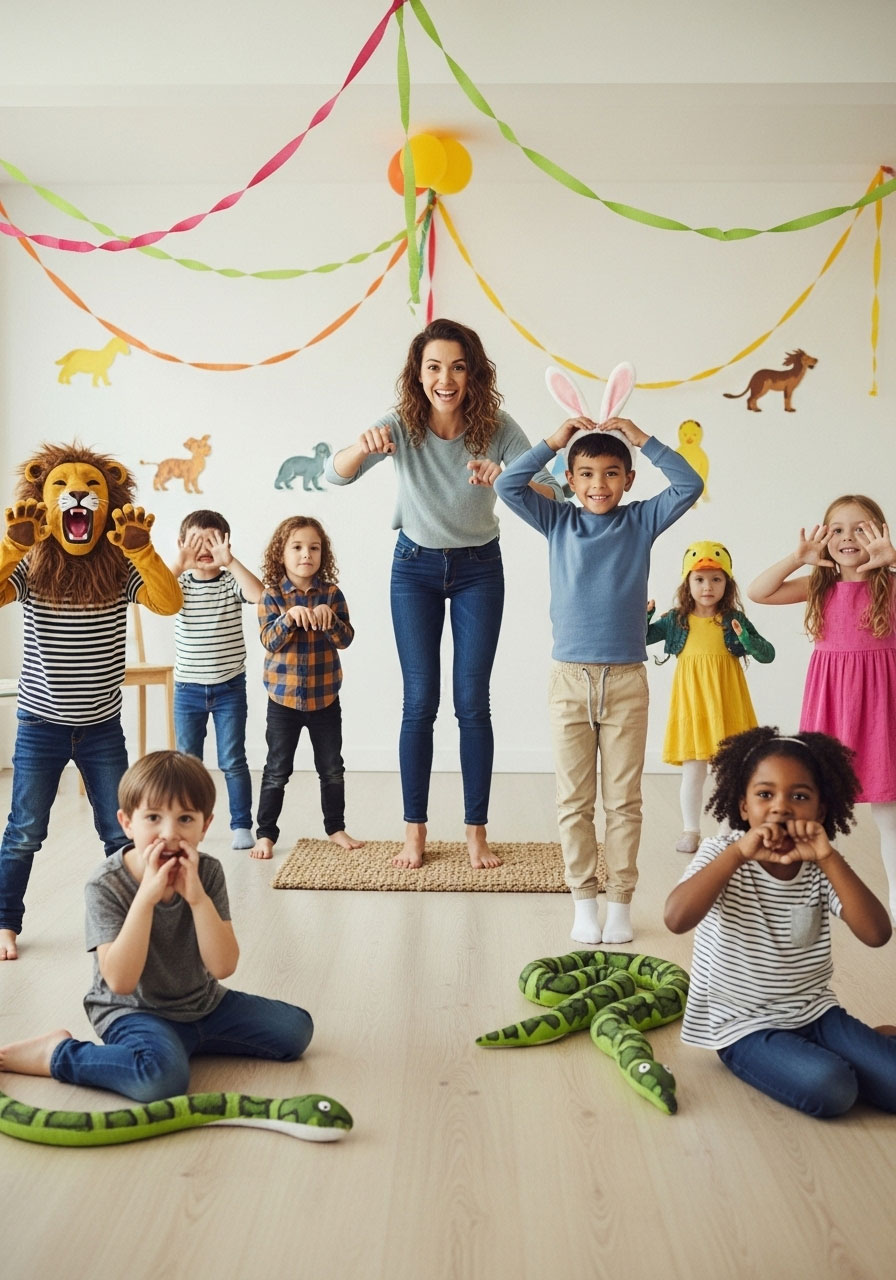 Kindergarten children doing animal movements playing Animal Action Simon at birthday party