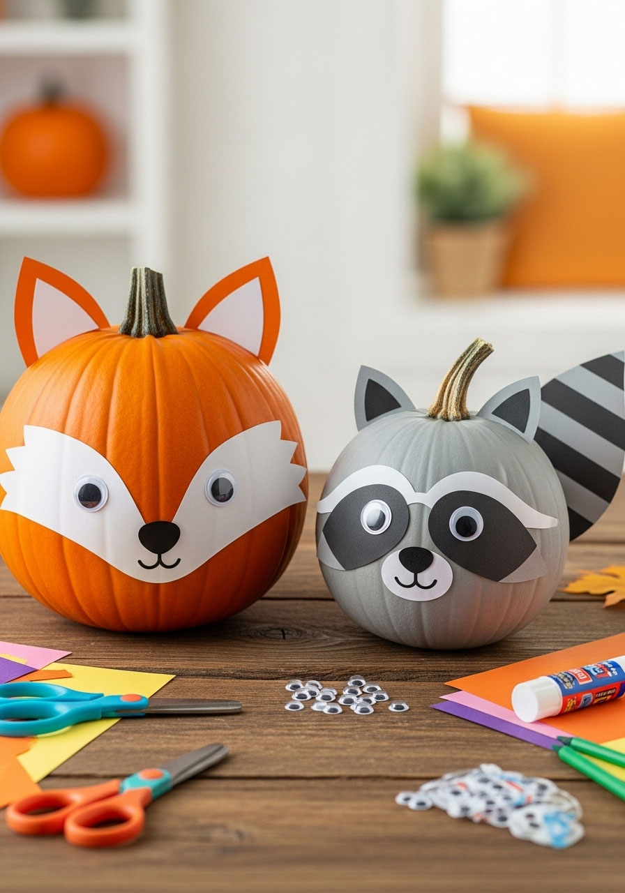 Two pumpkins decorated as cute fox and raccoon animal faces with paper cutouts for creative kids craft