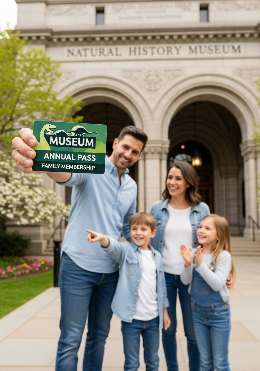 Family with annual museum membership card for Christmas cultural experience gift