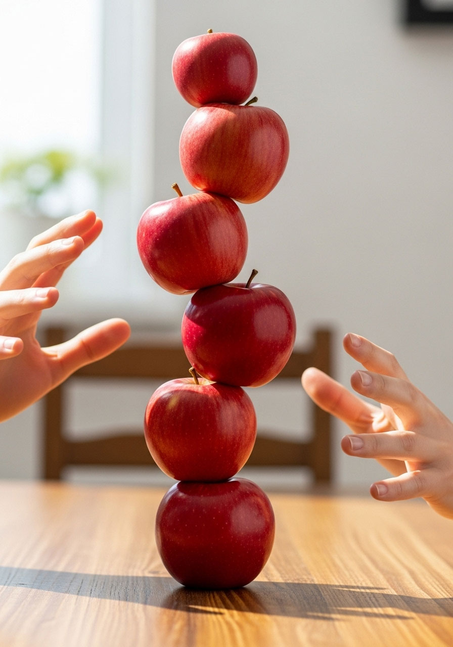 Five apples stacked vertically in tower formation for birthday party balance challenge game