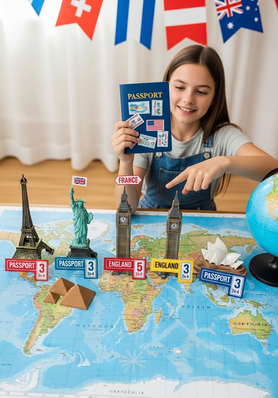 Teen collecting passport stamps at different country stations during around-the-world themed scavenger hunt