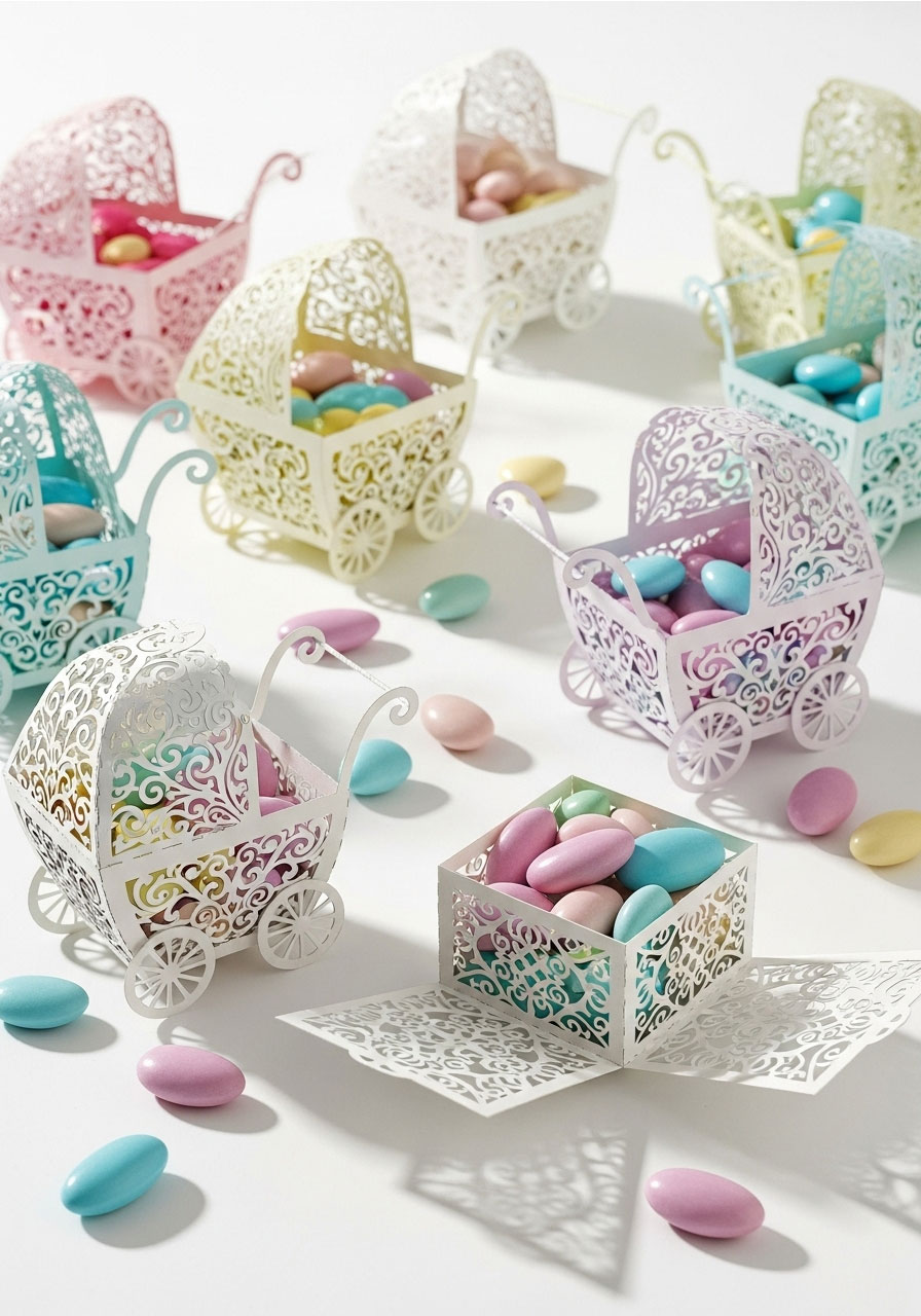 Delicate baby carriage candy holders, filled with treats for a classic baby shower favor.