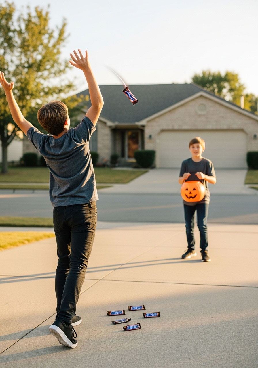 Partners playing backwards candy catch challenge game with mini candy bars and bucket at Dude Perfect birthday party