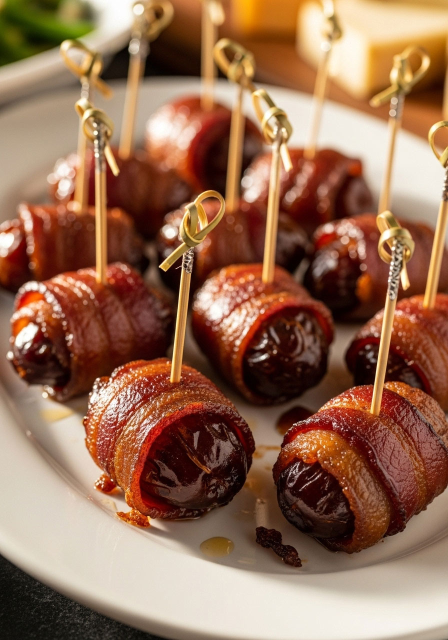 Bacon wrapped dates appetizer with toothpicks on white platter - sweet and salty Thanksgiving snack