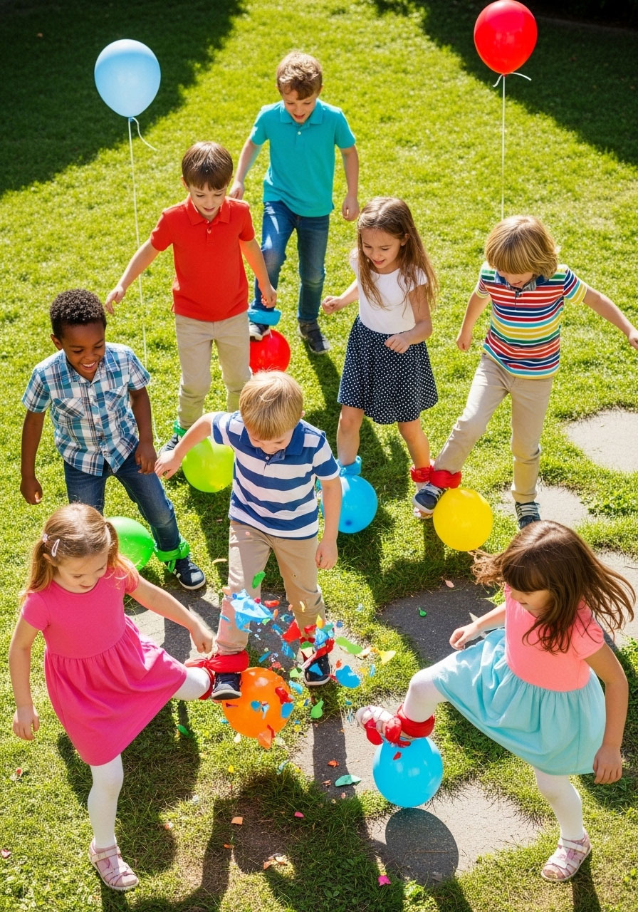Kindergarten children stomping balloons tied to ankles at energetic outdoor birthday party game