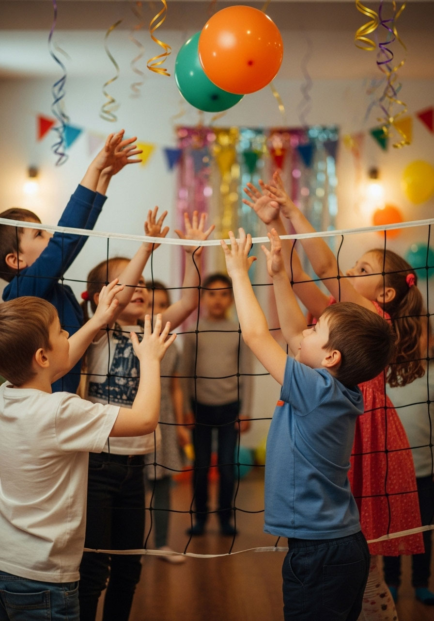 Kindergarten children playing balloon volleyball teams at indoor birthday party activity