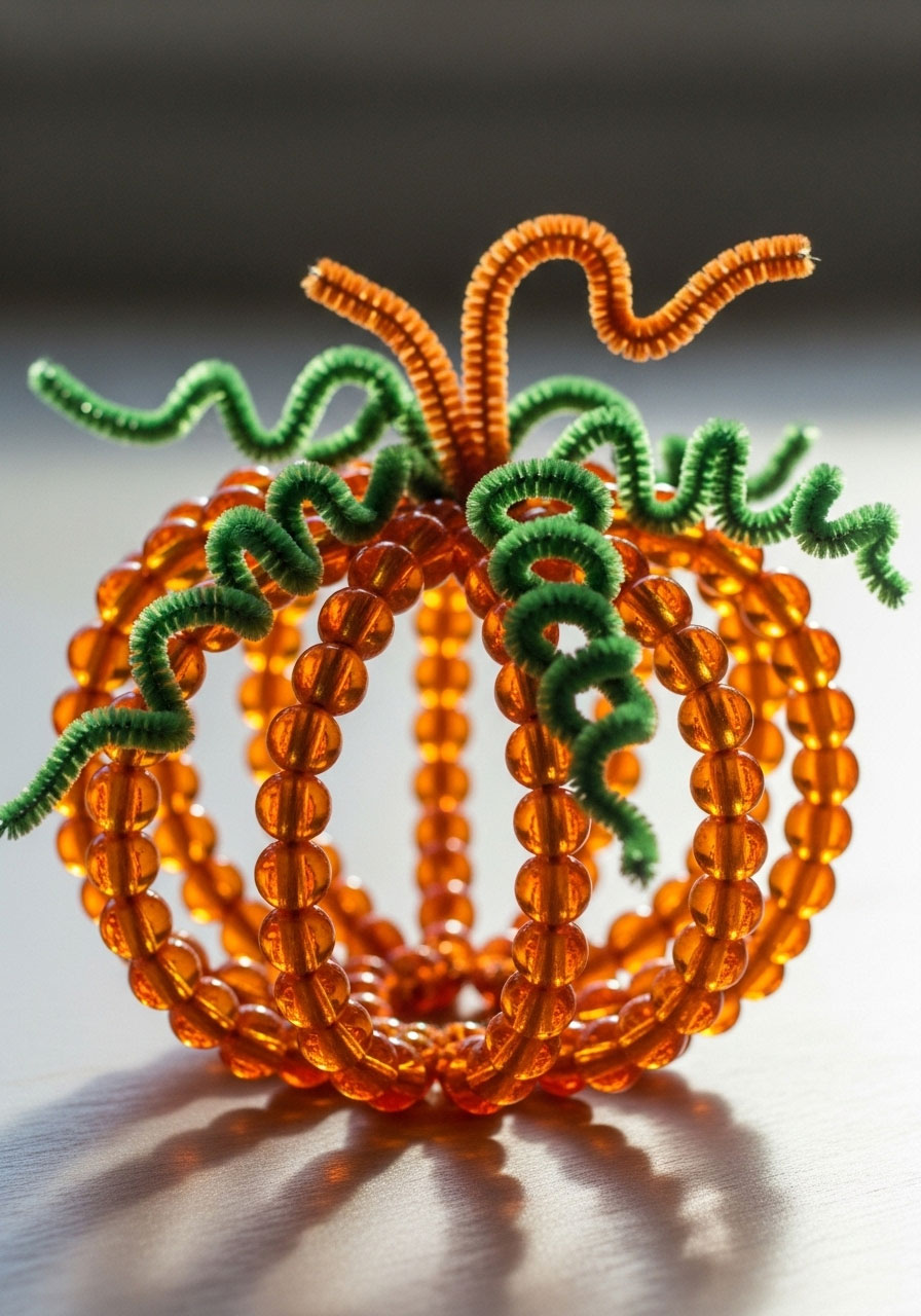 Beaded pumpkin pipe cleaner craft with orange pony beads for kids