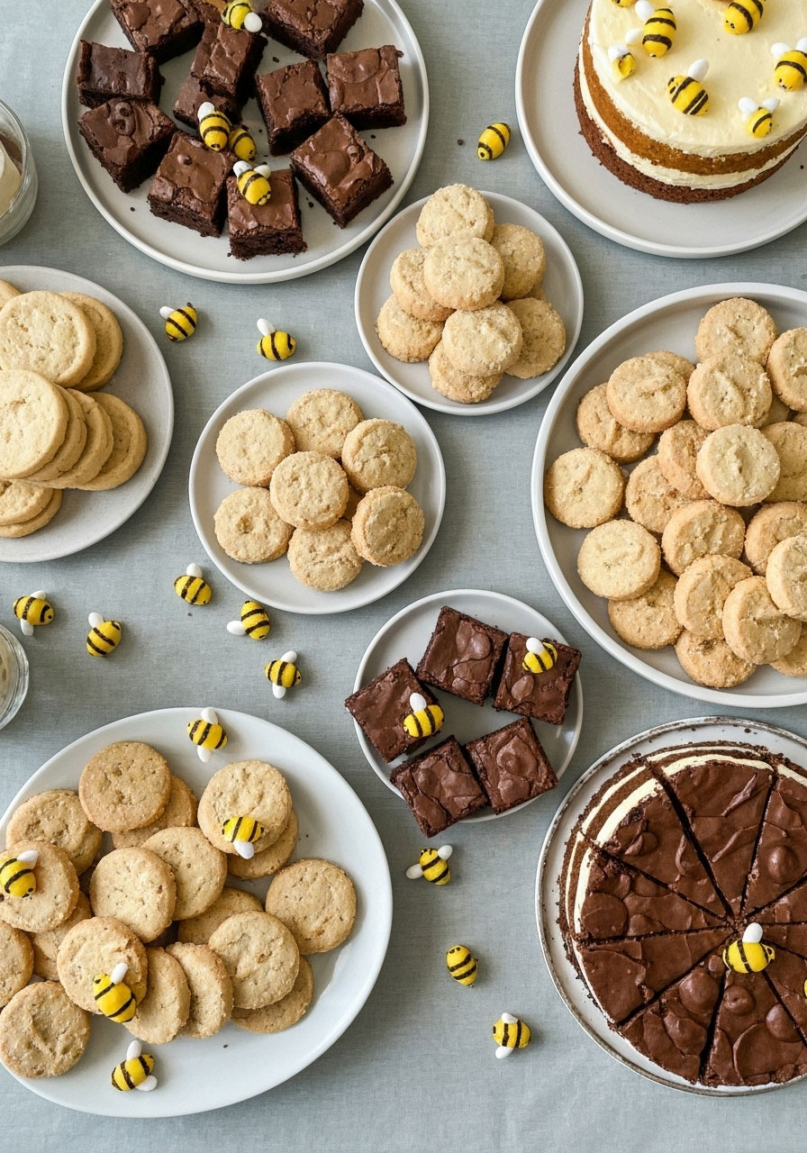 Bee shaped candies scattered throughout baby shower dessert table on cakes and treats