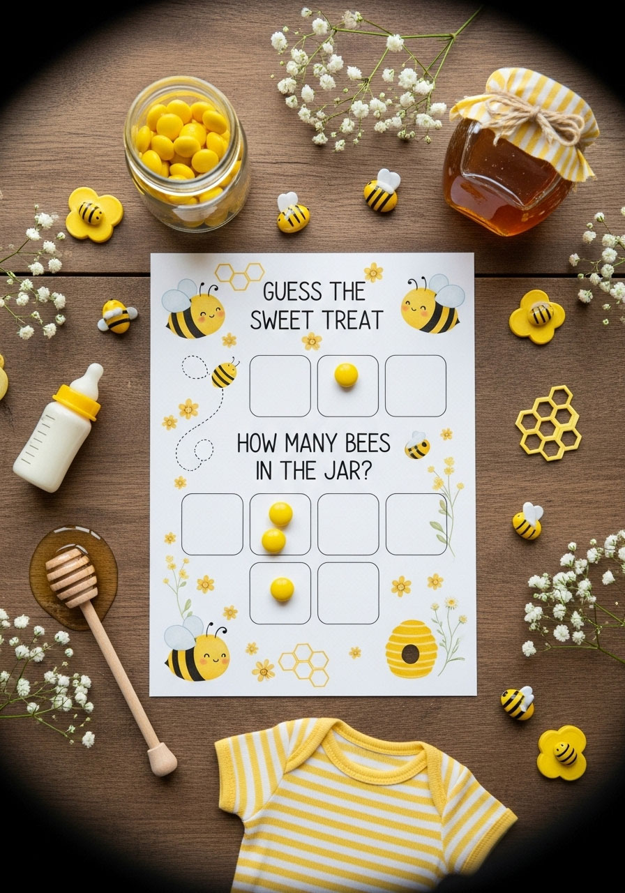Bee themed printable baby shower games including bingo and word scrambles on table