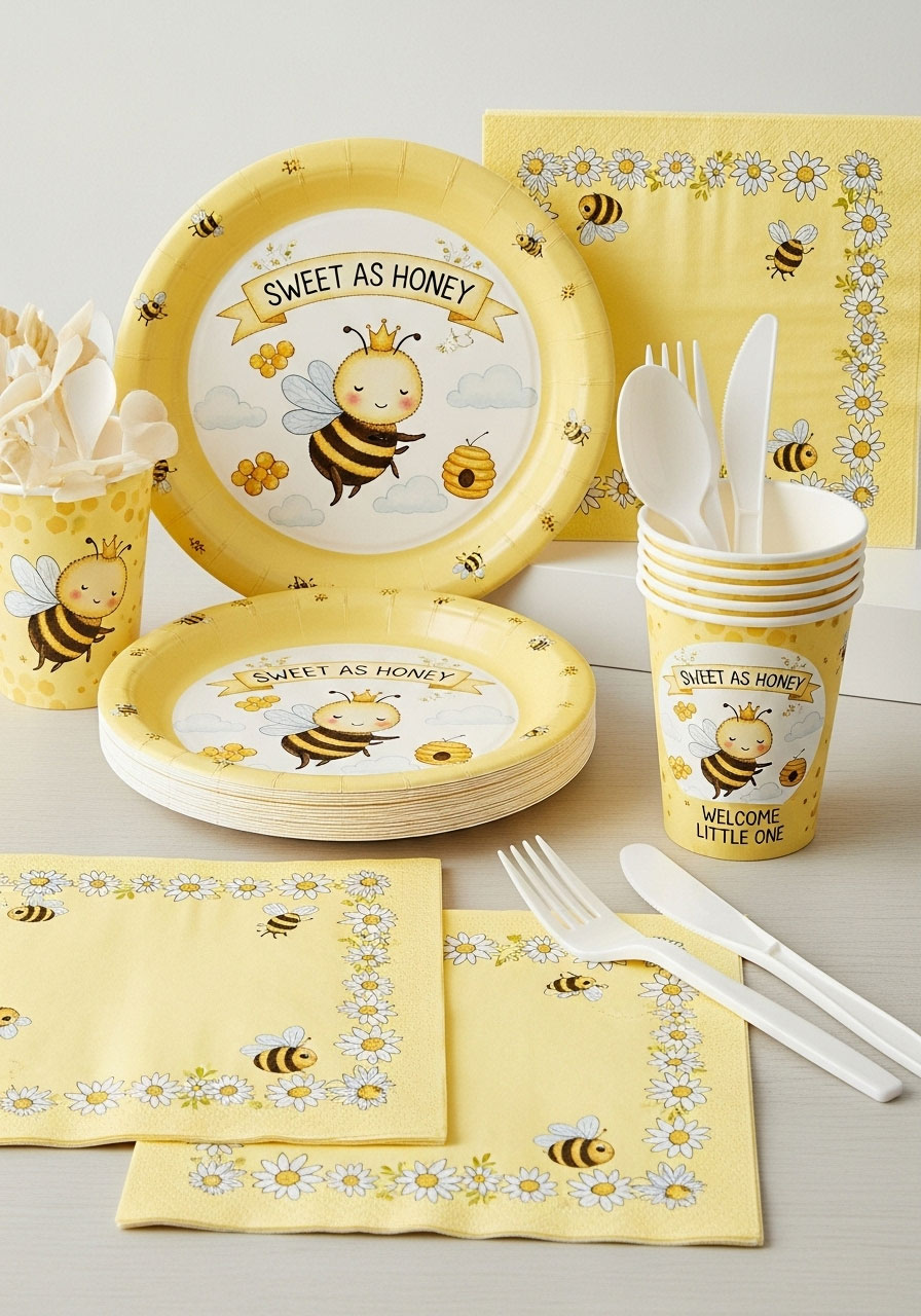 Coordinating bee themed tableware party pack with plates napkins and cups for baby shower