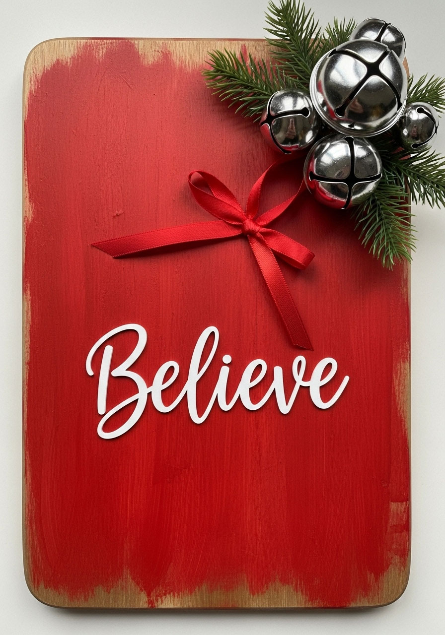 Believe Dollar Tree cutting board with silver jingle bells and greenery embellishments for traditional Christmas message decor