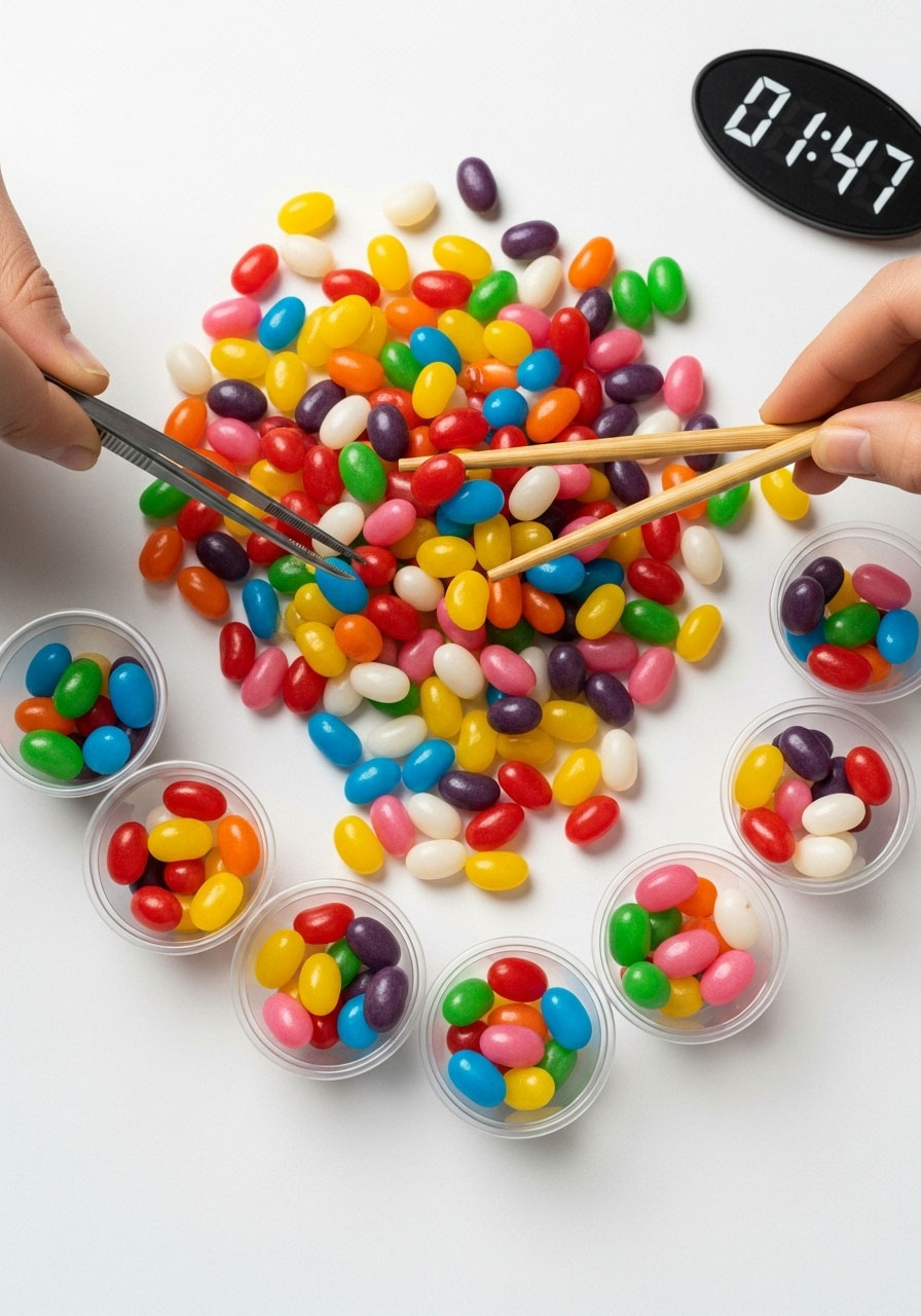 Bertie Bott's Every Flavour Beans sorting race game by color for Harry Potter birthday party challenge