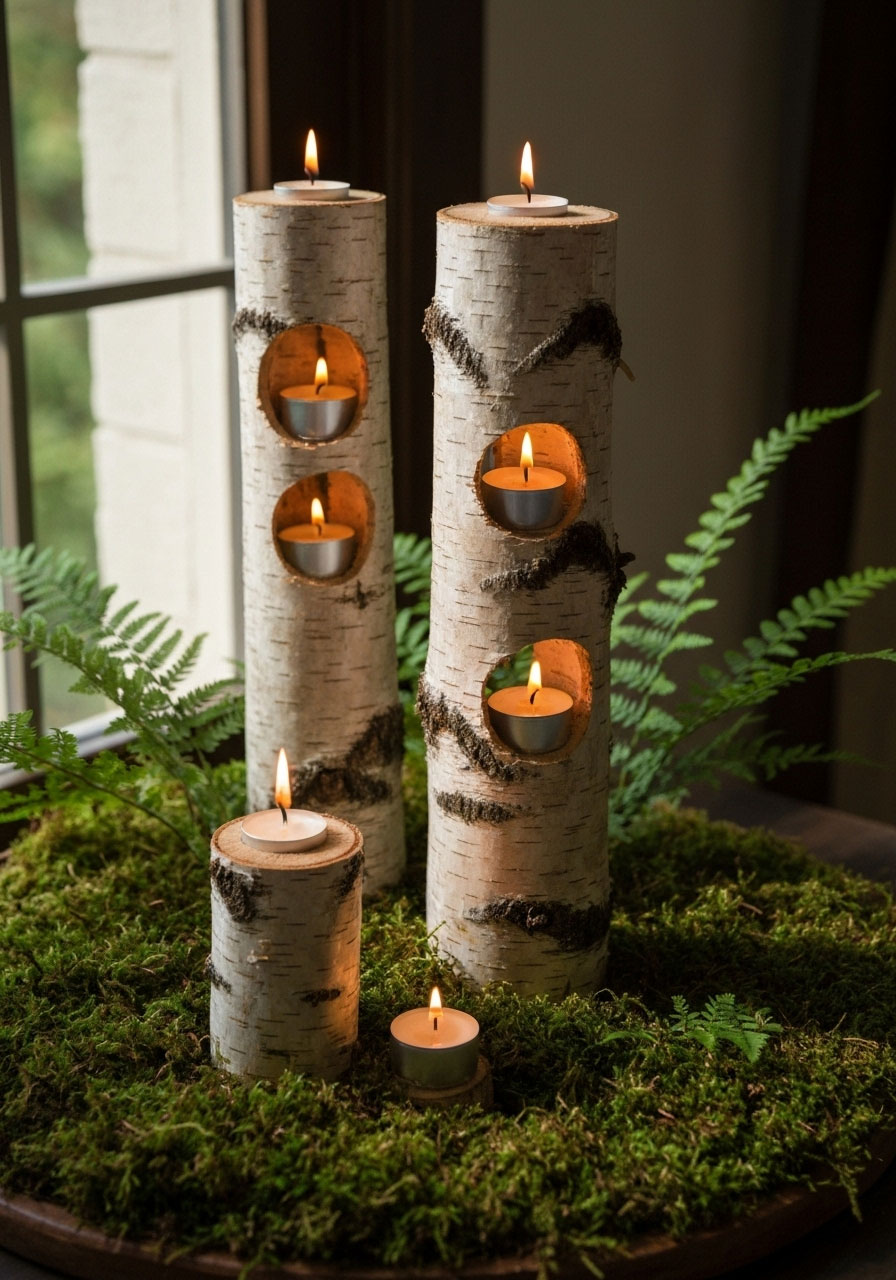Birch log candleholder Christmas centerpiece with multiple drilled holes for taper and tea candles