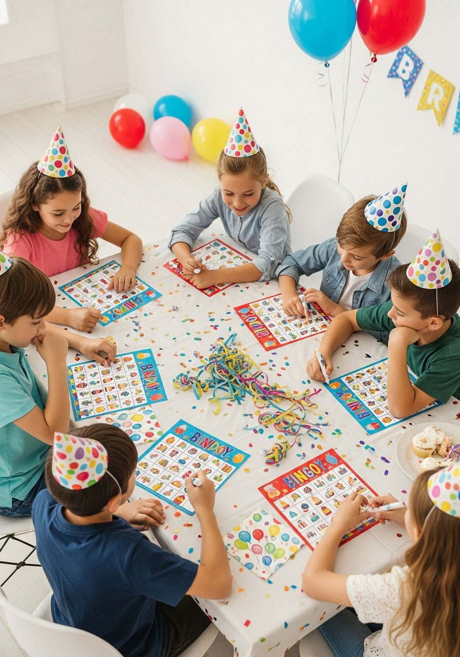 Children playing birthday bingo with cards and markers at indoor party table